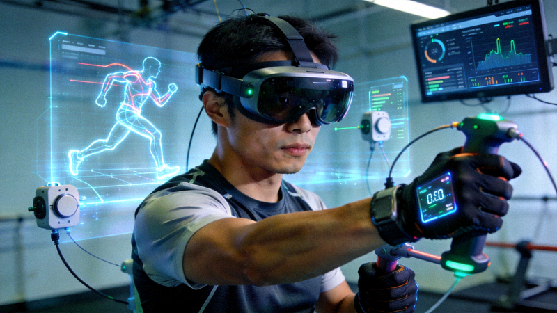 体育科技展示：运动员使用VR设备进行训练